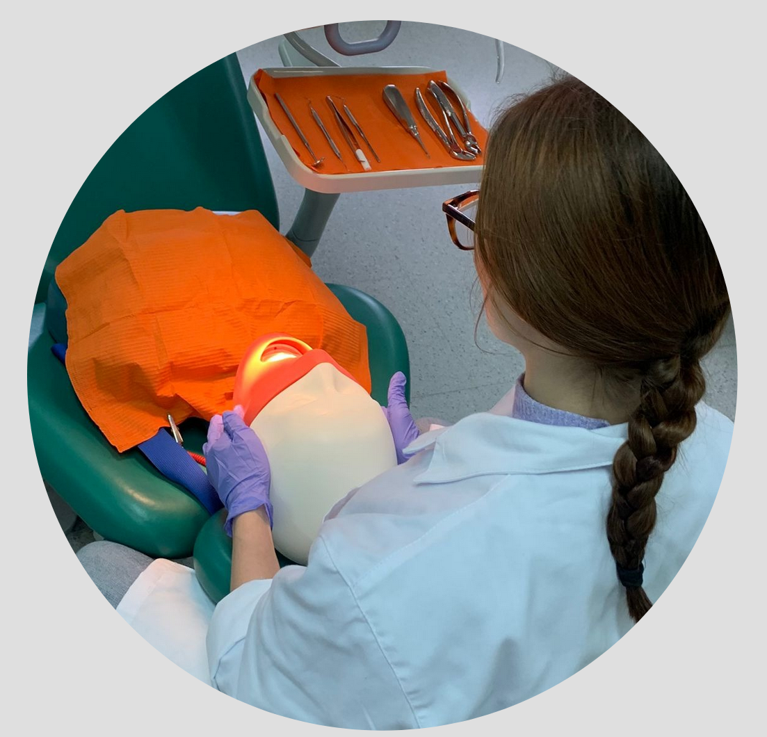 Yo con un fantoma realizando una palpación extraoral. La bandeja de instrumental bien colocada